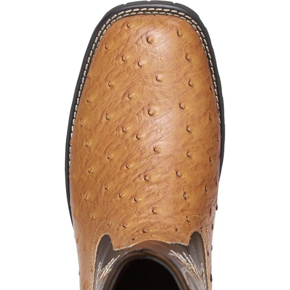 Men's Brown Square Toe Chunky Heel Mid-calf Classic Embroidered Pull On Boots